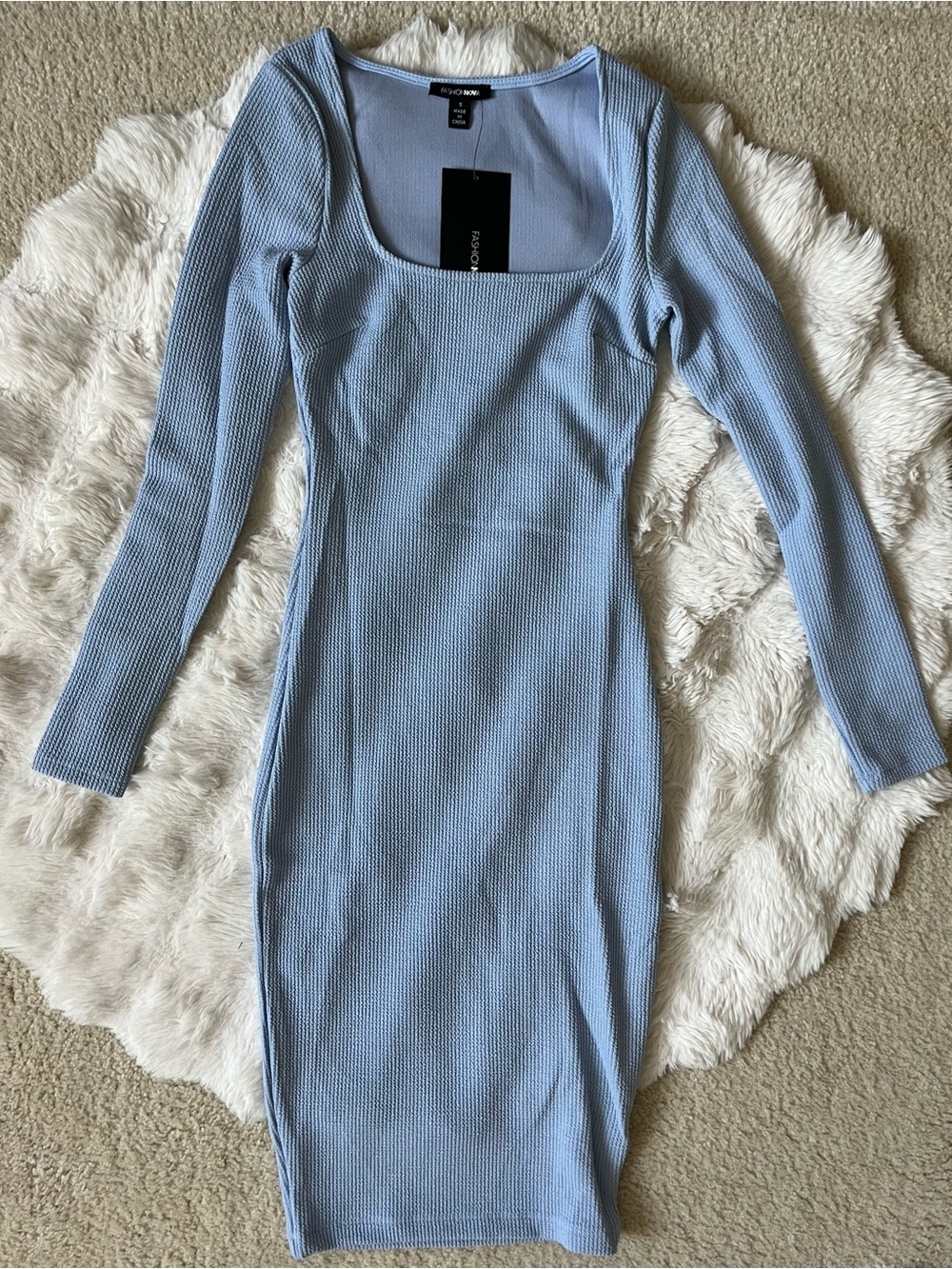 ✨ NWT Fashion Nova Baby Blue Ribbed Long Sleeve Square Neck Bodycon Midi Dress